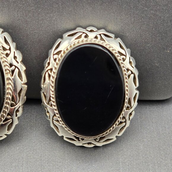 VTG Taxco Sterling Silver & Black Onyx Filigree Clip-On Earrings 1.25" TS-14 - Picture 2 of 12